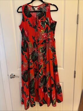 Sleeveless Red Tropical Print Maxi Dress with Tie Detail